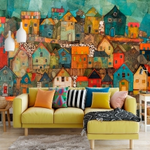 Wall mural or wallpaper illustration colored houses