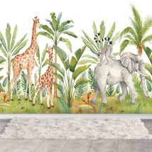 Wall mural or wallpaper children's illustration jungle animals