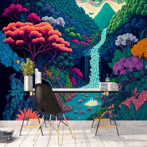 Wall mural or wallpaper illustration jungle waterfall nature