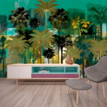 Wall mural or wallpaper illustration jungle palm trees leaves