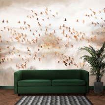 Wall mural or wallpaper landscape gold birds