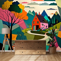 Wall mural or wallpaper colored town