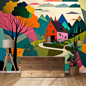 Wall mural or wallpaper colored town