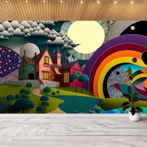 Wall mural or wallpaper rainbow colored town