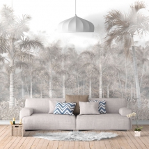 Wallpaper or wall mural drawing tropical landscape with palm trees in sepia tones