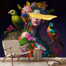 Wallpaper or wall mural painting woman with birds and tropical flowers