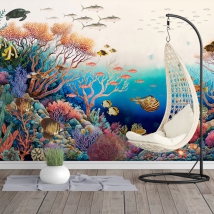 Wall mural or wallpaper illustration landscape with marine life turtle fish