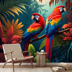 Wall mural or wallpaper illustration macaws in tropical jungle
