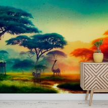 Wall mural or wallpaper drawing african savannah landscape sunset animals and river