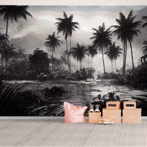 Wall mural or wallpaper tropical black and white landscape with palm trees and lake