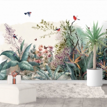 Wall mural or wallpaper vintage style flowers birds and tropical plants