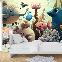 Wall mural or wallpaper children's drawings under the sea