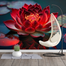 Wall mural or wallpaper red lotus flower in pond