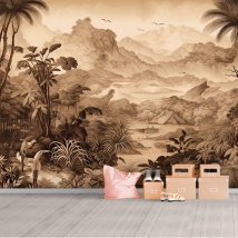 Wall mural or wallpaper drawing sepia tropical jungle birds palms and trees