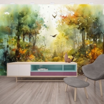 Wall mural or wallpaper drawing watercolor landscape forest in autumn with birds blur effect