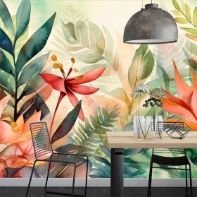 Wall mural or wallpaper watercolor drawing tropical flowers and plants