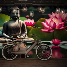 Wall mural or wallpaper zen image buddha and lotus flowers in pond