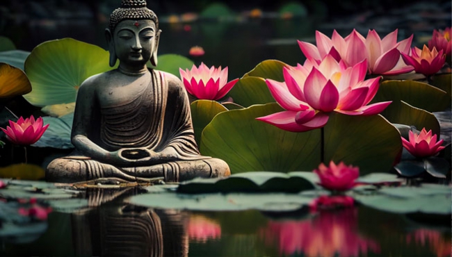 🥇 Wall mural or wallpaper zen image buddha and lotus flowers in pond 🥇