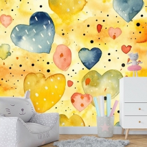 Wallpaper or wall mural drawing hearts in children's watercolor