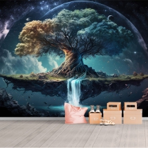Wallpaper or mural tree of life floating in space with moon