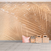 Wallpaper or wall mural sandy caribbean beach shore with palm tree shadow