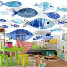 Wall mural or wallpaper drawing fish in watercolor and chalk style