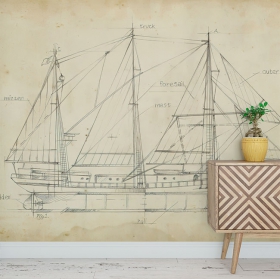 Wall mural or wallpaper old blueprints of sailboat boat design