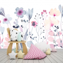 Wall mural or wallpaper drawing flowers in watercolor pastel tones