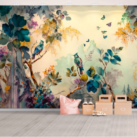 Wall mural or wallpaper watercolor drawing tropical jungle with birds butterfly flowers and trees