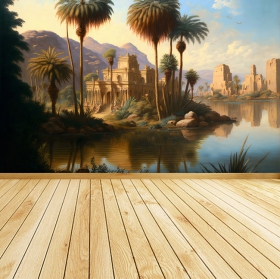 Wall mural or wallpaper oriental temple on the banks of the river with palm trees