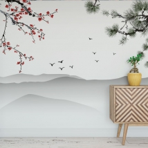 Wall mural or wallpaper drawing delicate landscape of mountains birds and cherry blossoms