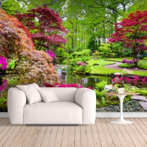 Wall mural or wallpaper park landscape with colorful trees and lake