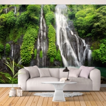 Wall mural or wallpaper waterfall in lush tropical jungle