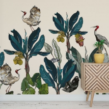 Wall mural or wallpaper vintage drawing banana plants with cranes and marmots