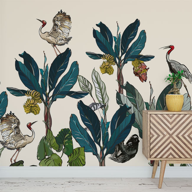 Vintage wallpaper or wall mural of plants and birds