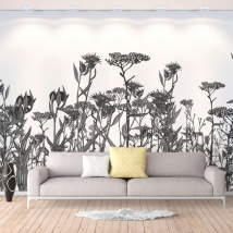 Wall mural or wallpaper drawing black and white flowers in profile