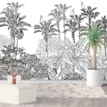 Wall mural or wallpaper black and white drawing tropical jungle with palm trees and birds