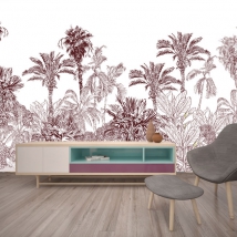 Wall mural or wallpaper drawing sepia color landscape with palm trees