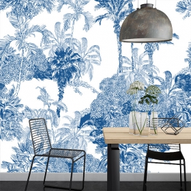 Wall mural or wallpaper drawing blue tone tropical landscape with palm trees