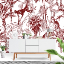 Modern brown tone drawing palm trees and monkeys wallpaper or mural