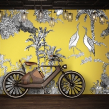 Wallpaper or wall mural drawing palm trees and cranes with vintage mustard color background