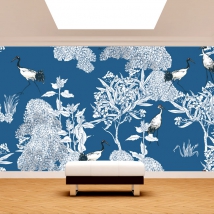 Wallpaper or mural vintage drawing blue background trees and modern cranes