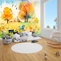 Watercolor farm animals wall mural or wallpaper