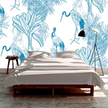 Wallpaper or wall mural drawing birds and tropical plants white and blue