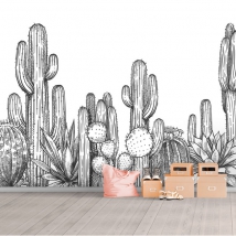 Wallpaper or mural black and white horizontal cactus drawing