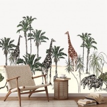 Wallpaper or mural african landscape drawing with palm trees, cheetah, giraffes and zebras