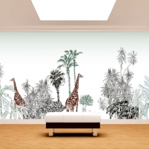 Wallpaper or mural african horizon drawing with plants, palm trees, giraffes and zebras