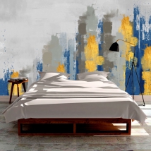 Wallpaper or wall mural modern painting gray blue and yellow