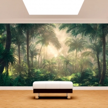 Wall mural or wallpaper tropical jungle illustration with illuminated palm trees