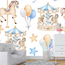 Wall mural or wallpaper children's illustration carousel stars and balloons